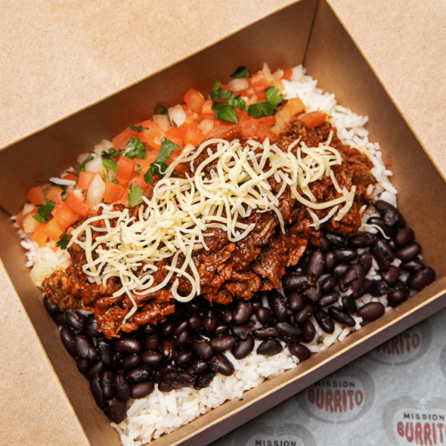 Mission Burrito rice box with ancho chile beef